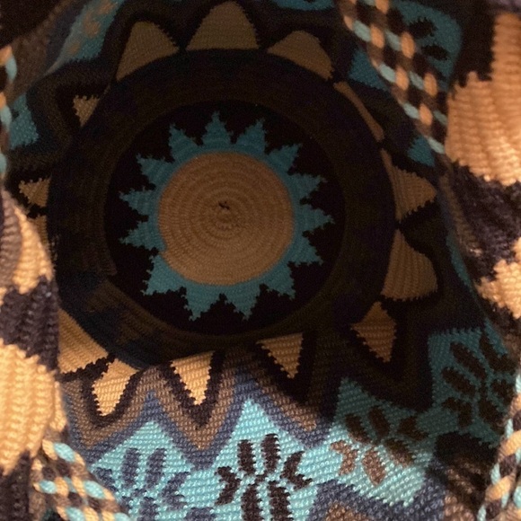 Blue & Cream Tribal Pattern Deluxe Wayuu Double Drawstring Shoulder Mochila Bag - Picture 15 of 15